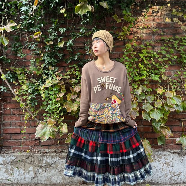 일본무드 체크 패치 캉캉 스커트