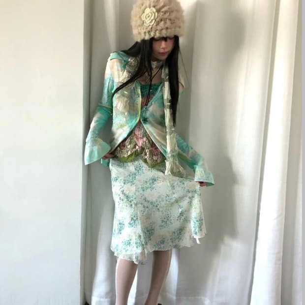 파우닝133 그린 도트 스트라이프 스커트 페어리오리엔탈루카빈티지카메빈티지