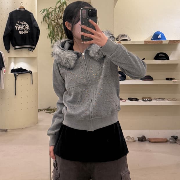 빈티지 퍼 후드집업 그레이 U612