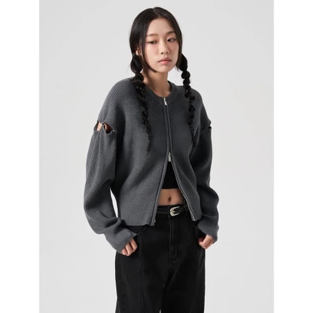 에잇세컨즈 슬리브 절개 브이넥 집업 카디건 애쉬