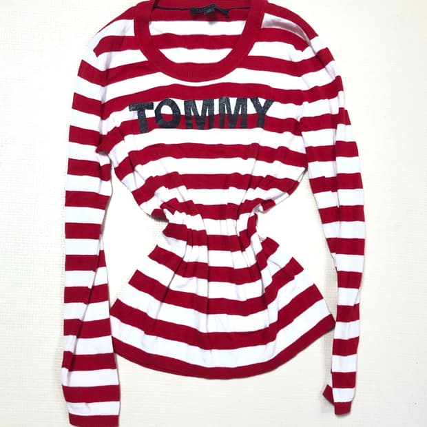 빈티지 타미힐피거 레드 스트라이프 니트