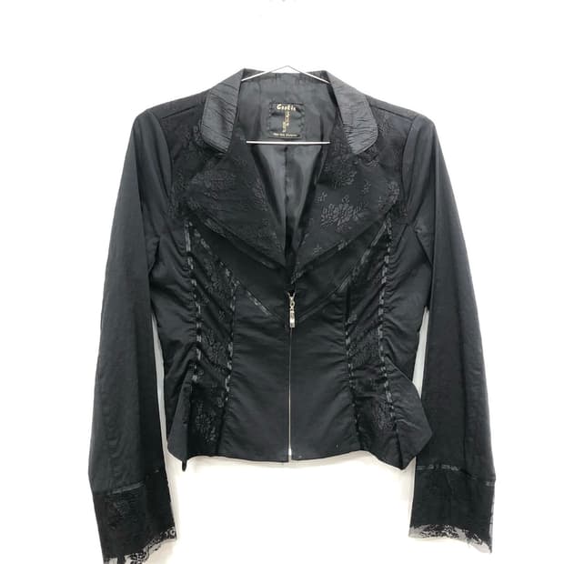 black floral jacquard lace trim jacket