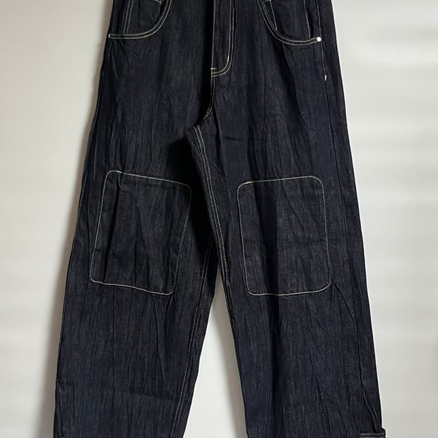 마틴플랜 더블니 캣워싱 와이드 생지 데님 팬츠 청바지 30