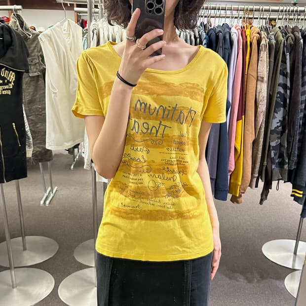 OS)Japanese vintage 여성 옐로우 그래픽 반팔