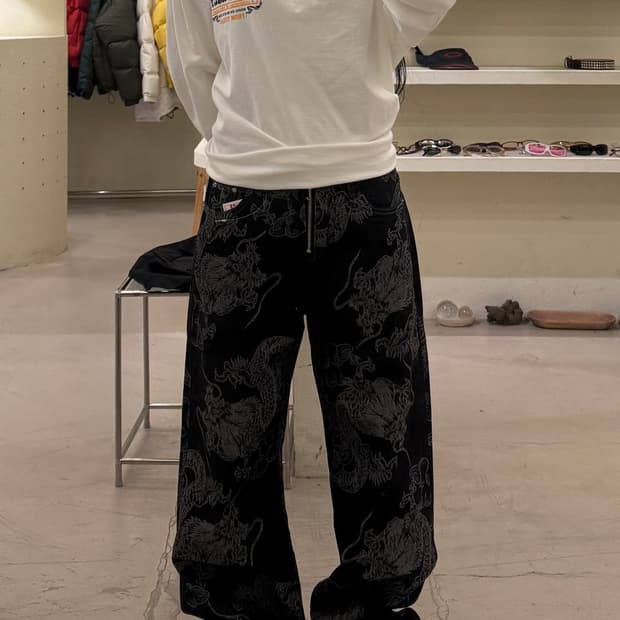 드래곤 패턴 와이드 데님 팬츠 U846