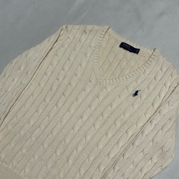 M 폴로랄프로렌 여성용 아이보리 브이넥 니트