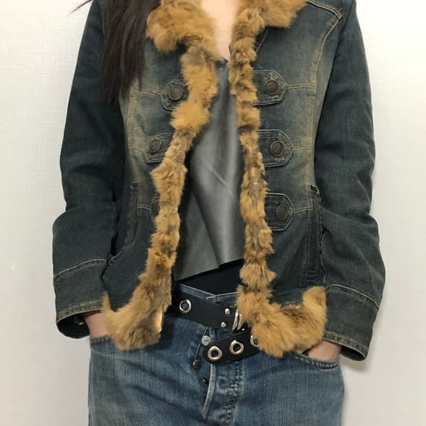 빈티지 브라운 래빗 퍼 데님 자켓