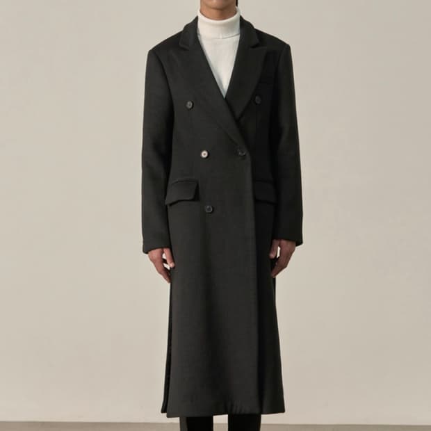 효지 엑스트라 롱 더블 트임 코트 BLACK