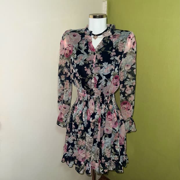 ✨vintage navy rose flower pattern dress✨