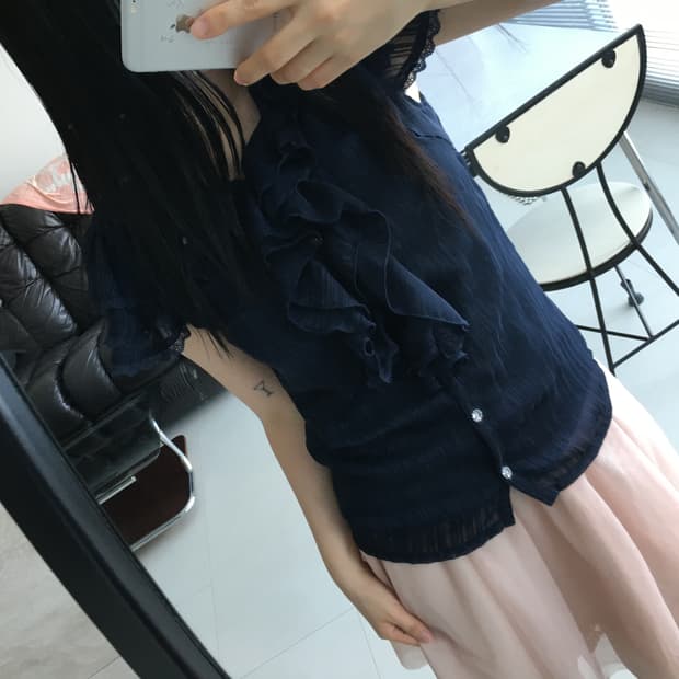 navy ruffle lace blouse