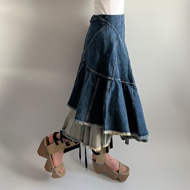 decnstructed tiered denim skirt