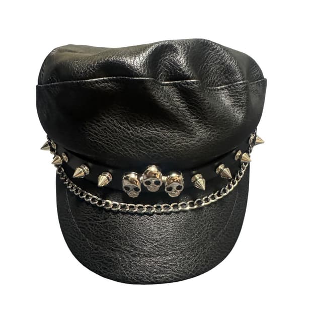 Skull Detail Stud Leather Cap
