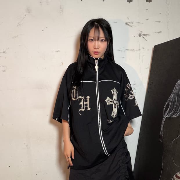 JPN 일본 빈티지 고딕풍 십자가 프린팅 오버핏 반팔 져지 집업 