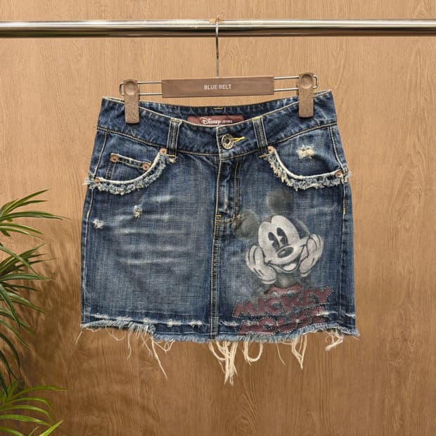 디즈니 진스 데님 미니 스커트 미키 프린팅 밑단 프린지 디테일 중청