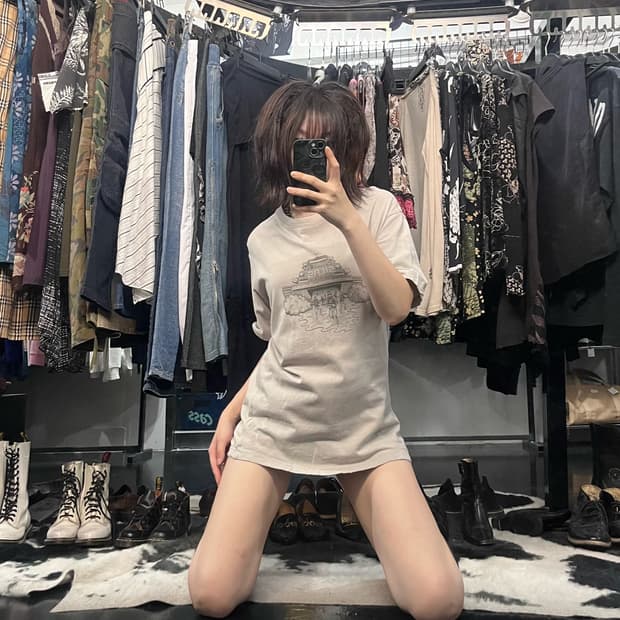 베이지 프린팅 오버핏 반팔