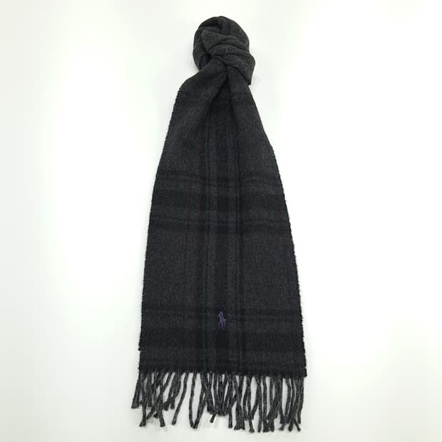 MX175 폴로 랄프로렌 그레이 체크 헤링본 울 양면 목도리 머플러