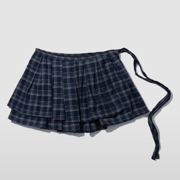 썸플레이스 프릴 체크 레이어드 코튼 랩 숏 플리츠 스커트 [네이비]