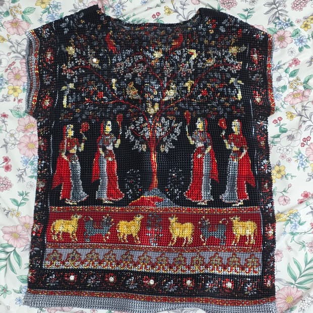 빈티지)인도풍 오리엔탈 에스닉 여름러플엠보 y2k 앤틱히피  반팔티셔츠