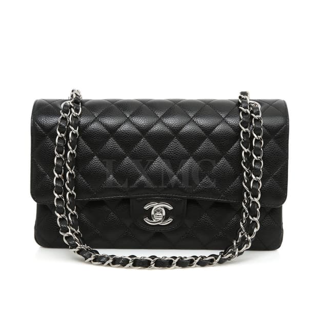 샤넬 클래식 캐비어 미듐 블랙 은장 체인백 A01112