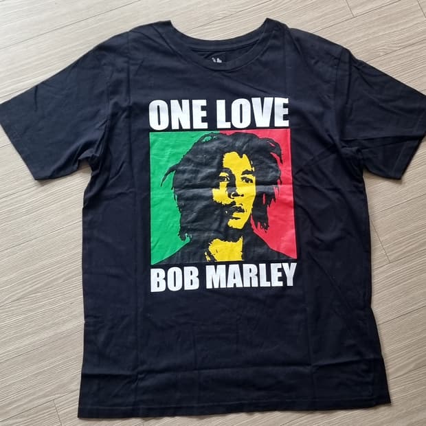 빈티지 밥 말리 ONE LOVE 블랙 반팔 티셔츠(100-105)