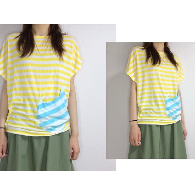 츠모리 치사토 옐로우 스트라이프 캣 포케 티셔츠