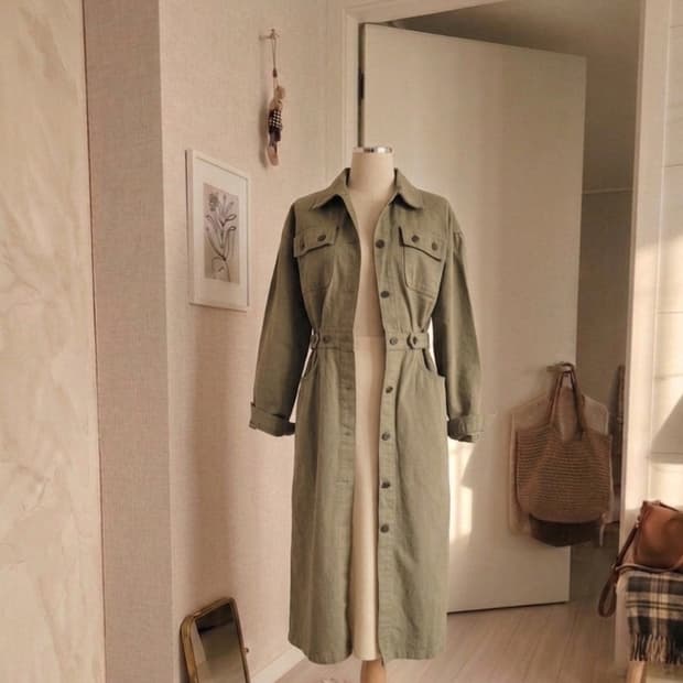 세련된 카키 코튼 롱 원피스 / 자켓 겸용 (허리라인 조절 가능)