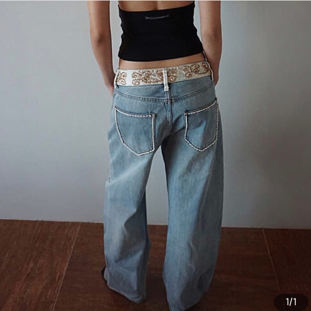 Beaded Waist Denim Pants Mid Blue S