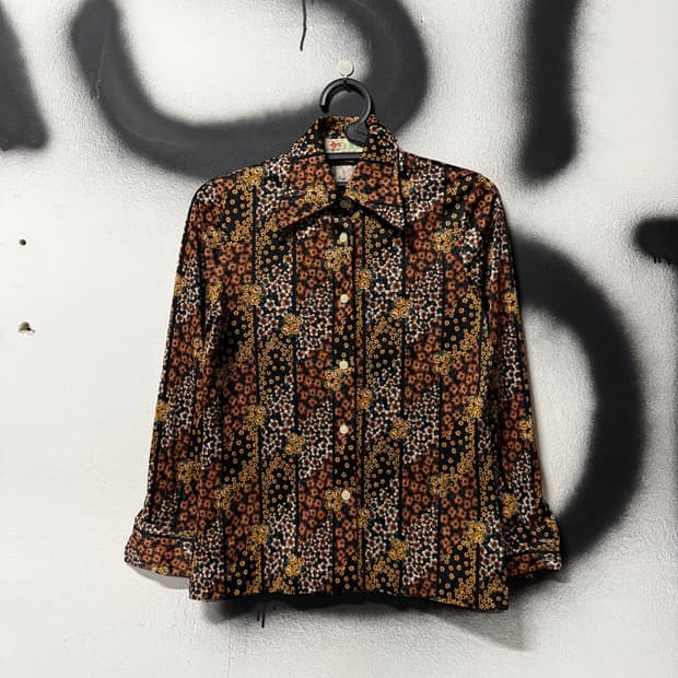 VTG 빈티지 브라운 플로럴 패턴 긴팔 셔츠