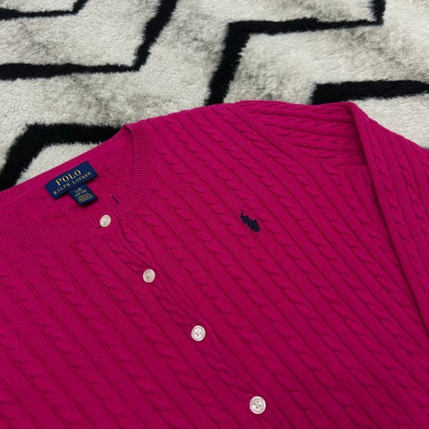 [실측L]폴로랄프로렌 라운드 꽈배기 니트 가디건/핫핑크