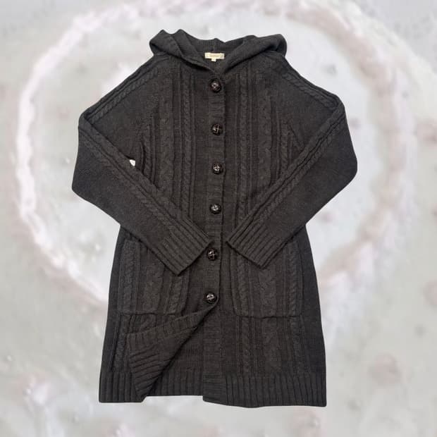 일본 빈티지 모리 후드 케이블 차콜 빵단추 원피스 롱 가디건