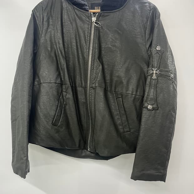 Cross leather hood jacket