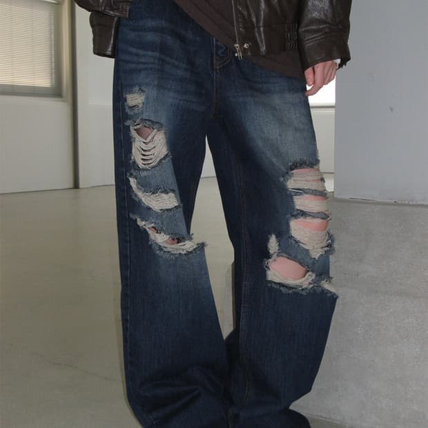 락케이크 Faye Damage Jeans - Blue 데님 팬츠 청바지