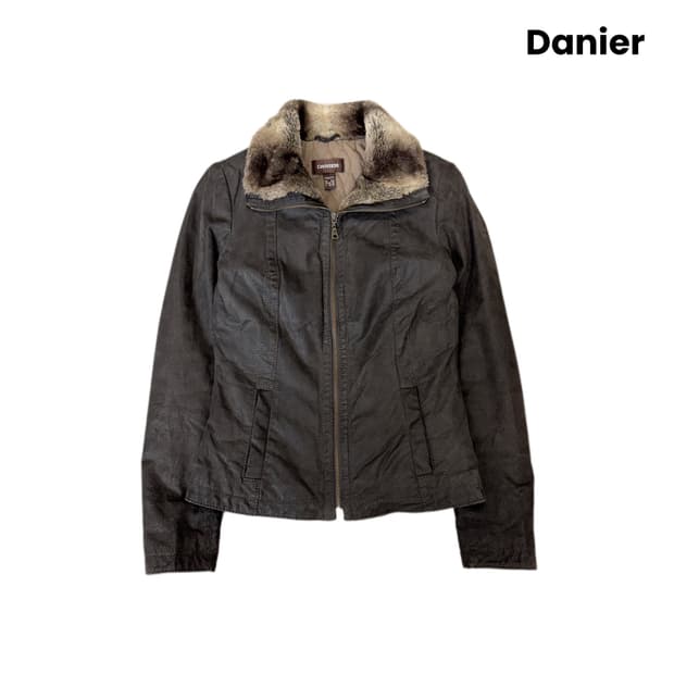 바이커 Y2K 딱붙 퍼 리얼레더 하이넥 가죽자켓