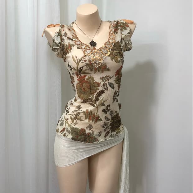 oriental floralpattern sequin sleeveless