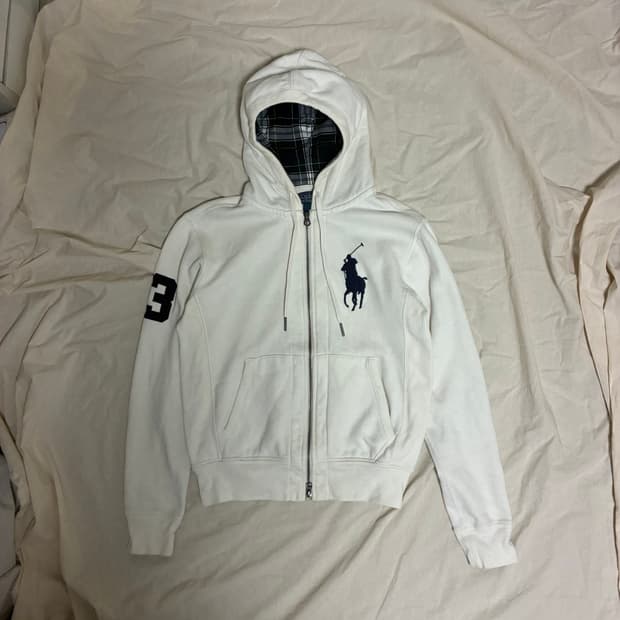 폴로 빅포니 체크 후드집업 화이트 S
