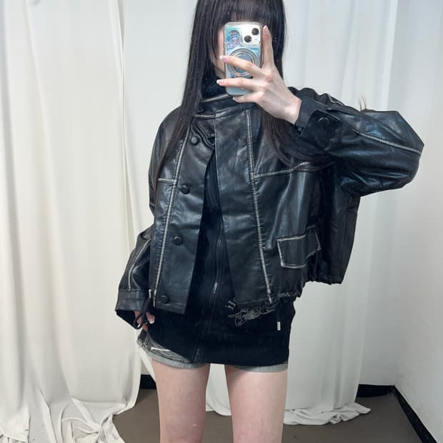 블랙 워싱 버튼 레더 자켓