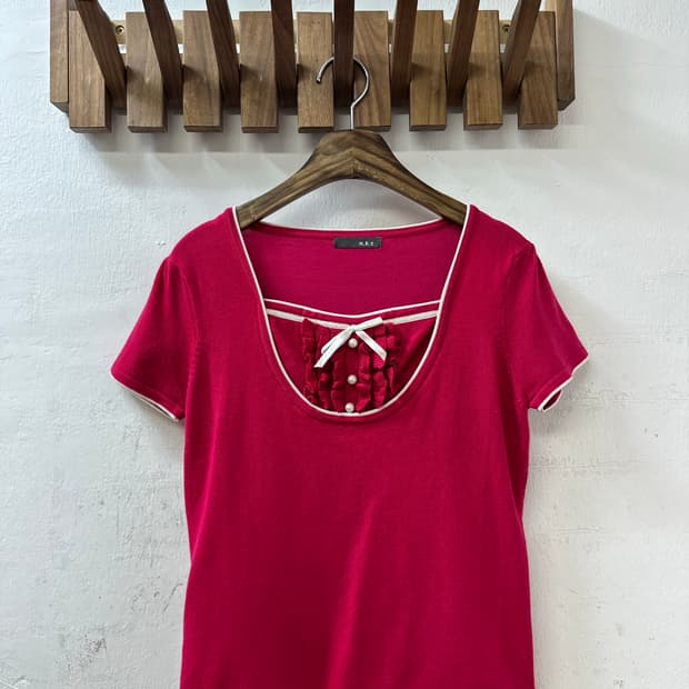 일본빈티지 핑크 레이어드 리본 프릴 펄 디테일 반팔 티셔츠