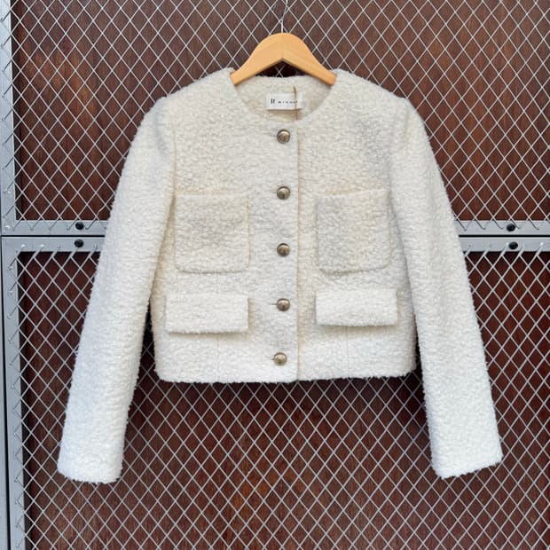 잇미샤 아이보리 부클레 크롭 노카라 트위드 자켓 S