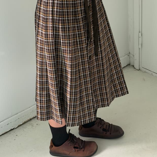 일본빈티지 브라운 체크 울 미디스커트