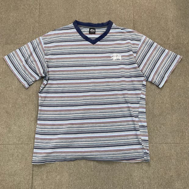 90s stussy made in usa 스투시 스트라이프 브이넥 티셔츠