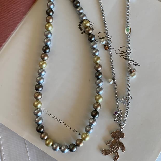 멀티컬러 모조진주목걸이+ 클루 곰돌이 목걸이 2개 세트