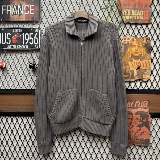 돌체앤가바나 하이넥 집업 골지 니트 가디건 그레이