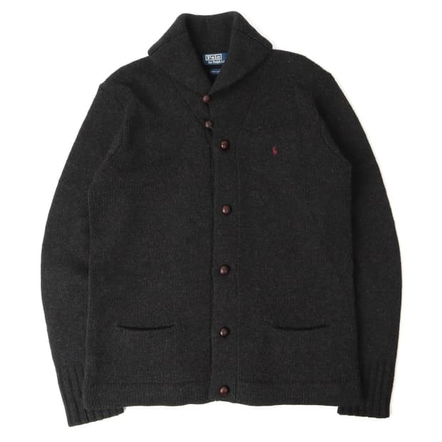 폴로 랄프로렌 챠콜 우드버튼 헤비 울 숄카라 가디건