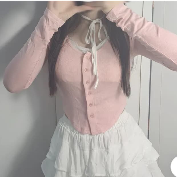 레이스 넥 리본 핑크 가디건 긴팔티
