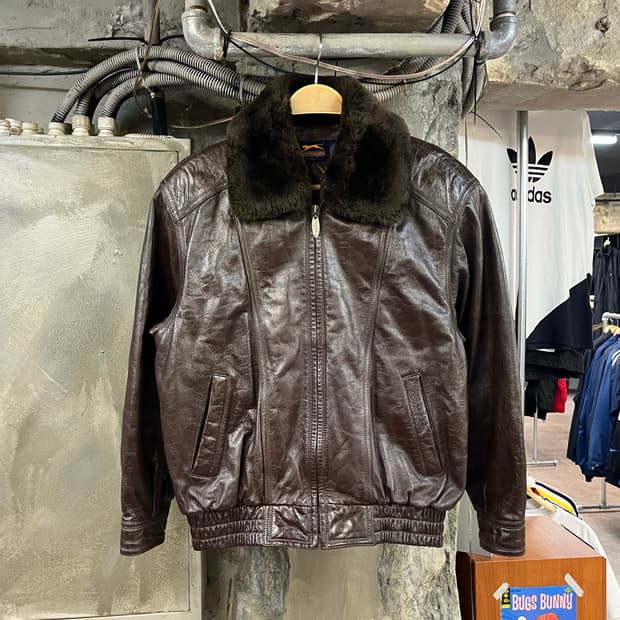 빈티지 소가죽 퍼 카라 레더 자켓 브라운 95 #csz2781