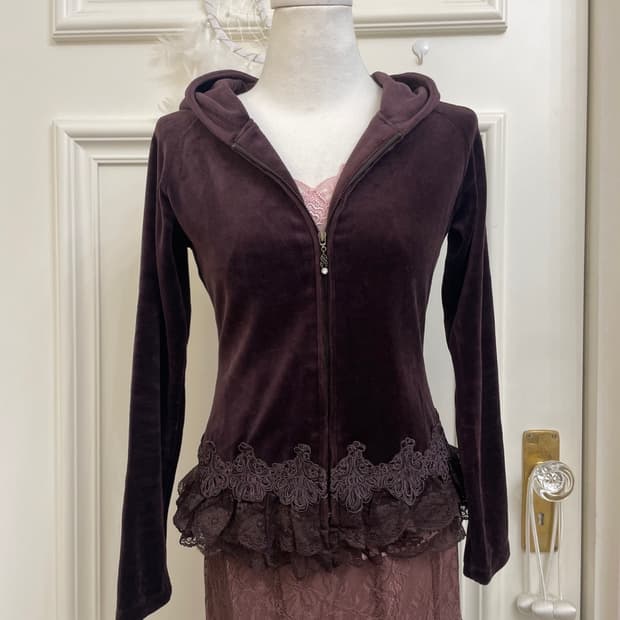 LEST ROSE lace trim velvet fairy hoodie-