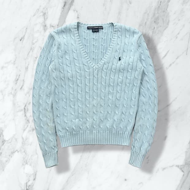 폴로 랄프로렌 스포츠 스카이블루 코튼 브이넥 니트