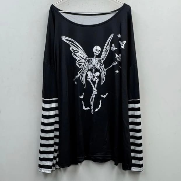 고딕 스켈레톤 페어리 프린팅 스트라이프 티셔츠