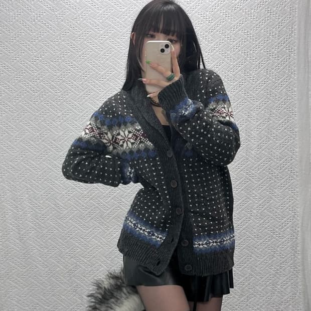 빈티지 노르딕 코위찬 숄카라 니트 뜨개 가디건 100 C09296