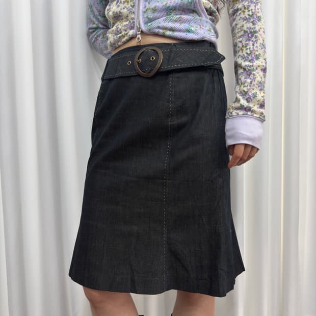denim belt midi skirt